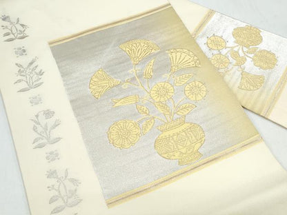 平和屋着物◎九寸名古屋帯　陶器花文　金銀糸　正絹　逸品　CAAY7425th