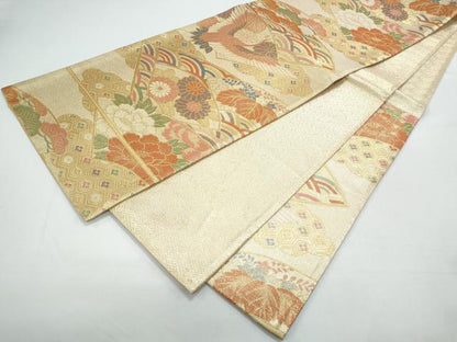平和屋着物◎佐賀錦 六通柄袋帯 地紙飛鶴花文 金糸 正絹 逸品 CAAY7496th