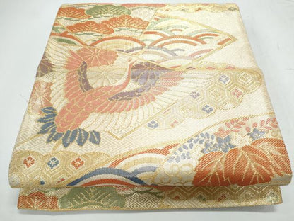 平和屋着物◎佐賀錦 六通柄袋帯 地紙飛鶴花文 金糸 正絹 逸品 CAAY7496th