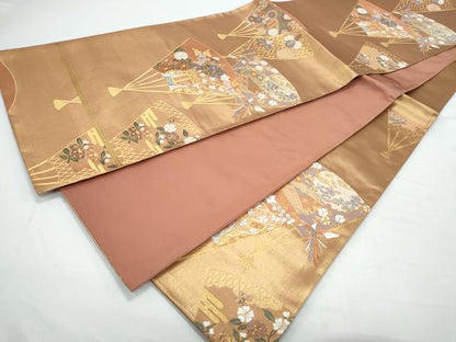 平和屋着物◎六通柄袋帯 唐織 扇面御所車花鳥文 金糸 正絹 逸品 CAAY7503th