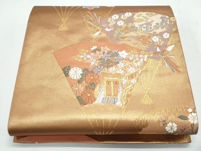 平和屋着物◎六通柄袋帯 唐織 扇面御所車花鳥文 金糸 正絹 逸品 CAAY7503th