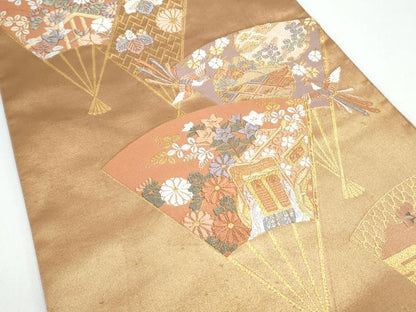 平和屋着物◎六通柄袋帯 唐織 扇面御所車花鳥文 金糸 正絹 逸品 CAAY7503th