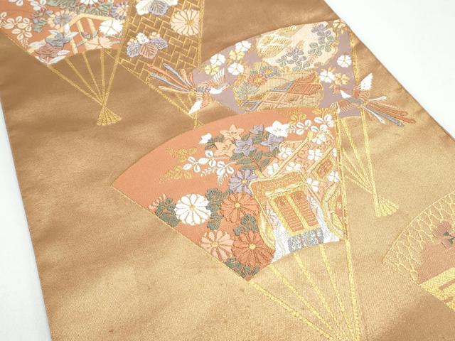 平和屋着物◎六通柄袋帯 唐織 扇面御所車花鳥文 金糸 正絹 逸品 CAAY7503th