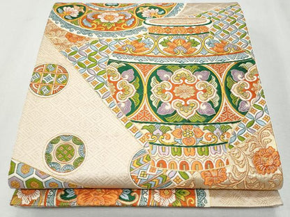 平和屋着物◎六通柄袋帯　唐織　裂取陶春文　金糸　正絹　逸品　CAAY7621fb