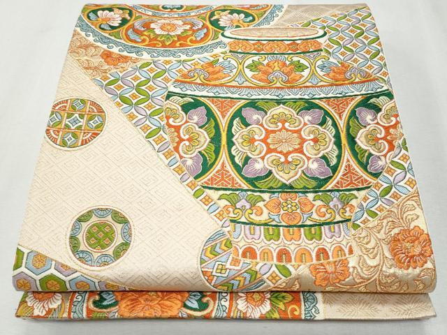 平和屋着物◎六通柄袋帯　唐織　裂取陶春文　金糸　正絹　逸品　CAAY7621fb