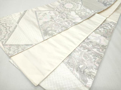 平和屋着物◎六通柄袋帯　唐織　裂取花鳥文　ラメ糸　銀糸　正絹　逸品　CAAY7631fb