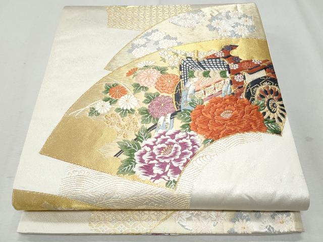 平和屋着物◎六通柄袋帯　唐織　地紙重ね御所車花文　金糸　正絹　逸品　CAAY7633fb