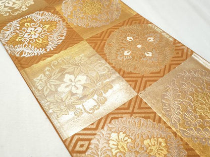 平和屋着物◎六通柄袋帯 唐織 市松正倉院花文 金銀糸 正絹 逸品 CAAY7638fb