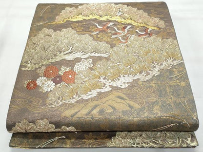 平和屋着物◎六通柄袋帯　唐織　飛鶴花松文　金糸　正絹　逸品　CAAY7743fb