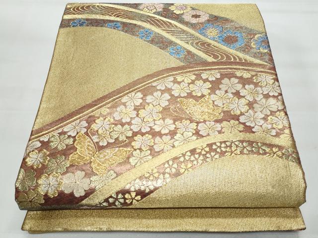 平和屋着物◎六通柄袋帯　舞蝶花文　金糸　正絹　逸品　CAAY7748fb