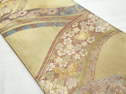 平和屋着物◎六通柄袋帯　舞蝶花文　金糸　正絹　逸品　CAAY7748fb