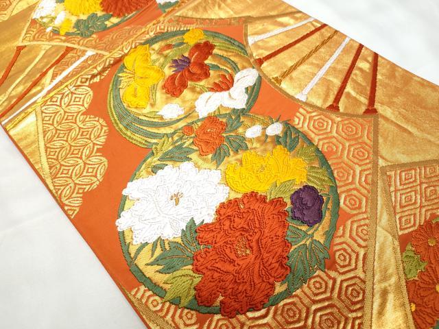 平和屋着物◎六通柄袋帯 唐織 扇面草花文 金糸 正絹 逸品 CAAY7773fb