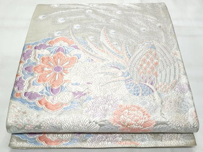 平和屋着物◎六通柄袋帯　唐織　花園孔雀文　銀糸　正絹　逸品　CAAY7790fb