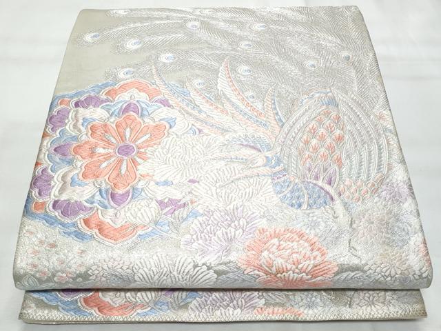 平和屋着物◎六通柄袋帯　唐織　花園孔雀文　銀糸　正絹　逸品　CAAY7790fb