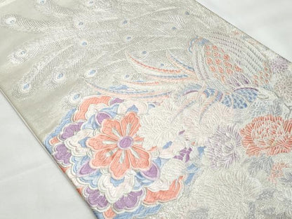 平和屋着物◎六通柄袋帯　唐織　花園孔雀文　銀糸　正絹　逸品　CAAY7790fb