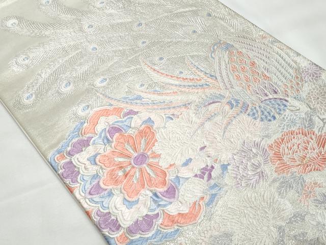 平和屋着物◎六通柄袋帯　唐織　花園孔雀文　銀糸　正絹　逸品　CAAY7790fb