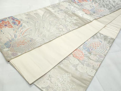 平和屋着物◎六通柄袋帯　唐織　花園孔雀文　銀糸　正絹　逸品　CAAY7790fb