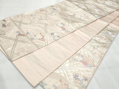 平和屋着物◎六通柄袋帯　唐織　天井扇面花文　銀糸　正絹　逸品　CAAY7803fb