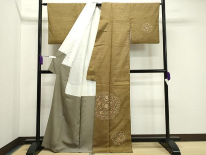 平和屋着物●訪問着　紬地　手描き　更紗花唐草文　金彩　西武百貨店扱い　正絹　逸品　CAAY8094gh