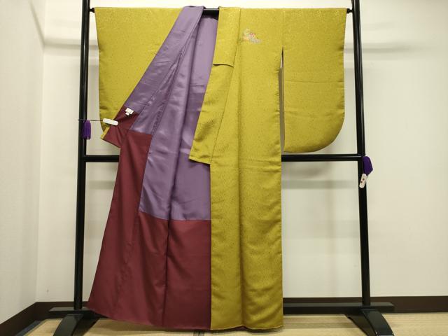 平和屋着物●小振袖　二尺袖　孔雀花文　菜種油色　金銀彩　洗える着物　CAAY8167gh