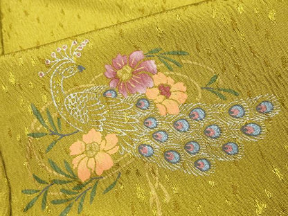 平和屋着物●小振袖　二尺袖　孔雀花文　菜種油色　金銀彩　洗える着物　CAAY8167gh