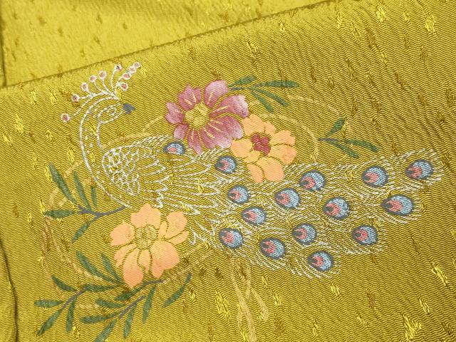 平和屋着物●小振袖　二尺袖　孔雀花文　菜種油色　金銀彩　洗える着物　CAAY8167gh