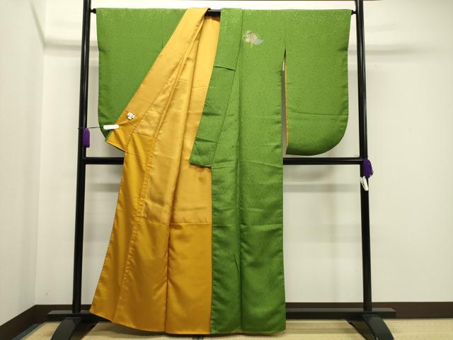 平和屋着物●小振袖 二尺袖 孔雀花文 苔色 金銀彩 洗える着物 CAAY8168gh