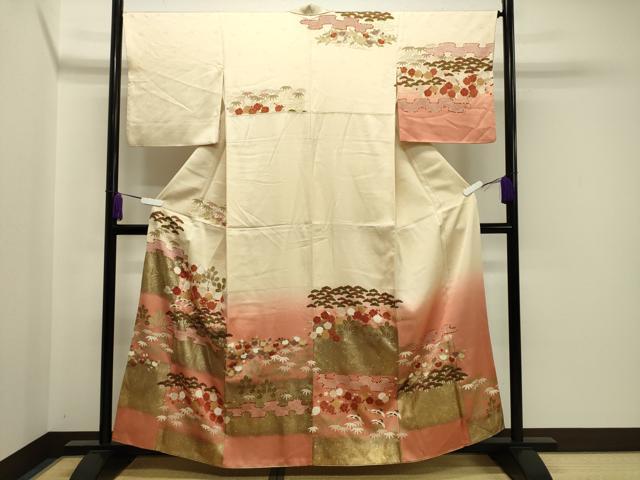 平和屋着物●訪問着　駒刺繍　松竹梅文　暈し染め　金銀彩　正絹　逸品　CAAY8173gh