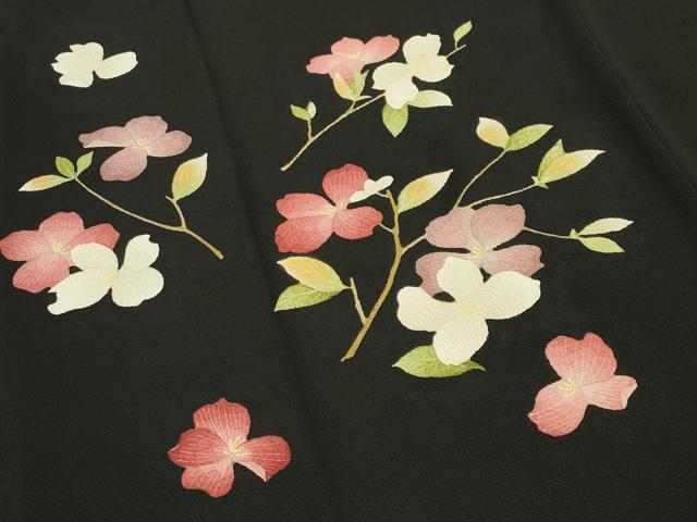 平和屋着物●華道家　楠目ちづ　訪問着　枝花文　黒地　鬼しぼ縮緬　正絹　逸品　CAAY8211gh