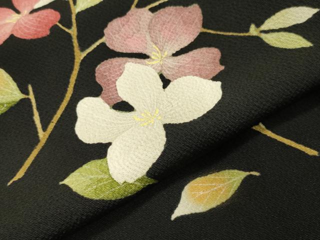 平和屋着物●華道家　楠目ちづ　訪問着　枝花文　黒地　鬼しぼ縮緬　正絹　逸品　CAAY8211gh