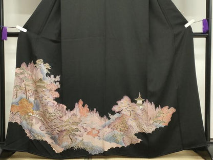 平和屋着物■豪華黒留袖　駒刺繍　風景文　金彩　正絹　逸品　CAAY8302gh