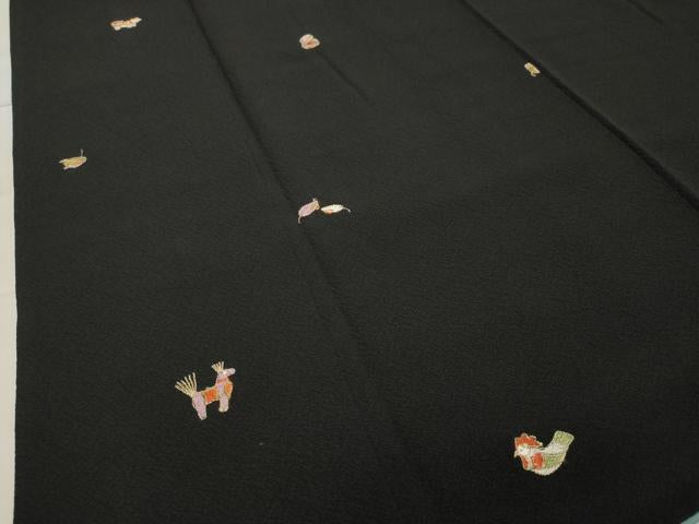 平和屋着物●上質な小紋 総刺繍 十二支 黒地 金糸 正絹 逸品 CAAY8350gh