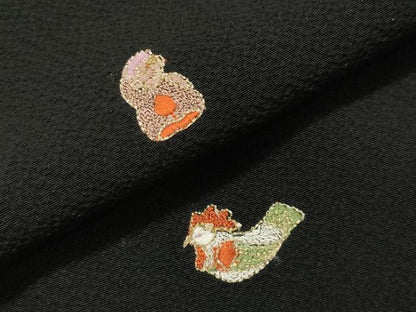 平和屋着物●上質な小紋 総刺繍 十二支 黒地 金糸 正絹 逸品 CAAY8350gh