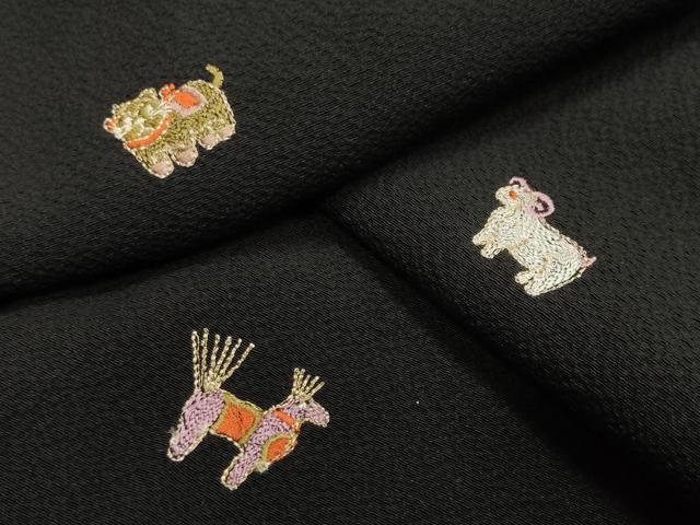 平和屋着物●上質な小紋 総刺繍 十二支 黒地 金糸 正絹 逸品 CAAY8350gh