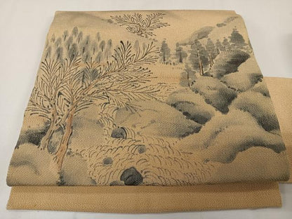 平和屋着物◎九寸名古屋帯　手描き　風景文　鬼しぼ縮緬　正絹　逸品　CAAY8409ua