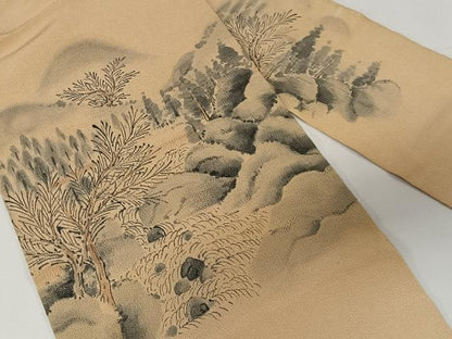 平和屋着物◎九寸名古屋帯　手描き　風景文　鬼しぼ縮緬　正絹　逸品　CAAY8409ua