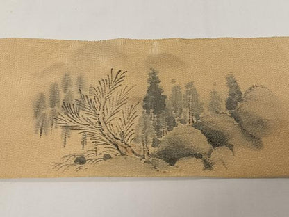 平和屋着物◎九寸名古屋帯　手描き　風景文　鬼しぼ縮緬　正絹　逸品　CAAY8409ua