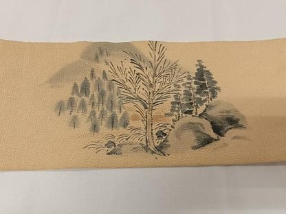 平和屋着物◎九寸名古屋帯　手描き　風景文　鬼しぼ縮緬　正絹　逸品　CAAY8409ua