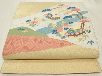 平和屋着物◎太鼓柄袋帯　唐織　綴れ　風景文　金銀糸　正絹　逸品　CAAY8828in