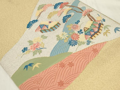 平和屋着物◎太鼓柄袋帯　唐織　綴れ　風景文　金銀糸　正絹　逸品　CAAY8828in