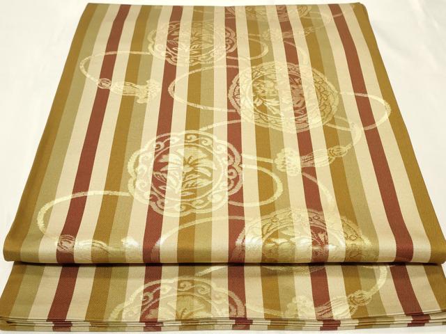 平和屋着物◎六通柄袋帯　縞錦　鏡裏花文　金糸　正絹　逸品　CAAY8831in