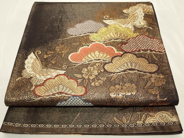 平和屋着物◎六通柄袋帯　唐織　花蝶松文　黒地　金糸　正絹　逸品　CAAY8848in