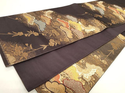 平和屋着物◎六通柄袋帯　唐織　花蝶松文　黒地　金糸　正絹　逸品　CAAY8848in