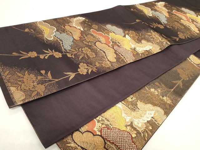 平和屋着物◎六通柄袋帯　唐織　花蝶松文　黒地　金糸　正絹　逸品　CAAY8848in