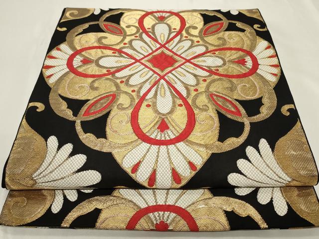 平和屋着物◎六通柄　本袋帯　正倉院花文　黒地　金糸　正絹　逸品　CAAY8855in