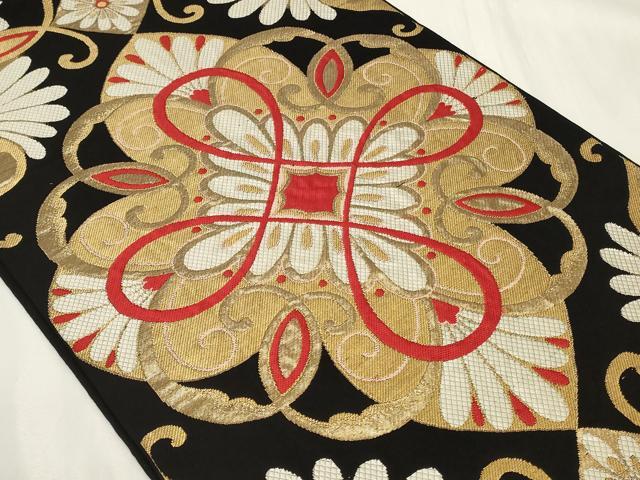 平和屋着物◎六通柄　本袋帯　正倉院花文　黒地　金糸　正絹　逸品　CAAY8855in