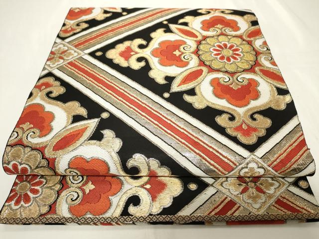 平和屋着物◎六通柄　本袋帯　菱正倉院花文　黒地　金糸　正絹　逸品　CAAY8857in