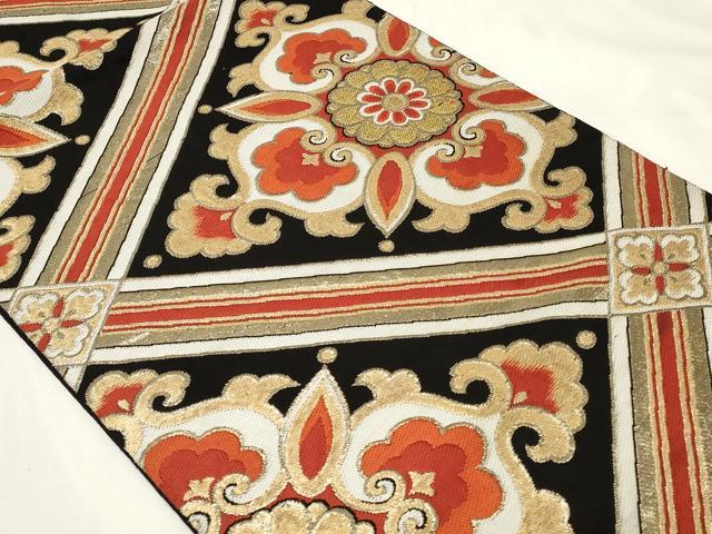 平和屋着物◎六通柄　本袋帯　菱正倉院花文　黒地　金糸　正絹　逸品　CAAY8857in