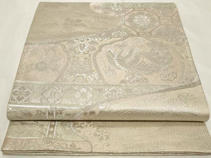 平和屋着物◎六通柄袋帯　吉祥花鳥文　銀糸　正絹　逸品　CAAY8861in