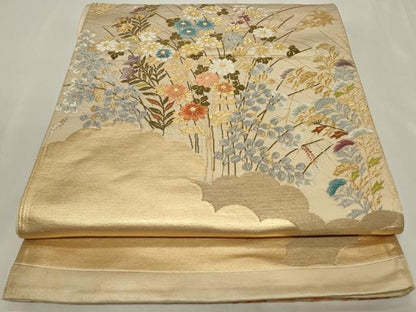 平和屋着物◎六通柄袋帯　唐織　雲取り草花文　金糸　正絹　逸品　CAAY8877in